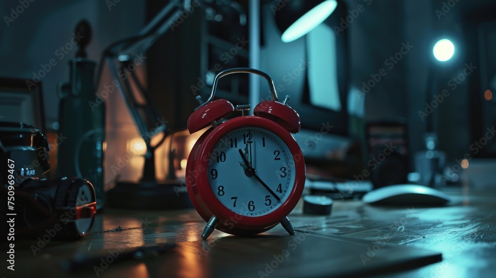 Leinwandbilder a red alarm clock resting on a wooden table. suitable for time management concepts