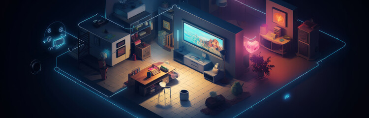 Smart home with connected home electronic devices with app icons around. Futuristic smart house controlled with AI system. Modern luxury house interior. Internet of things concept. Generative AI. 