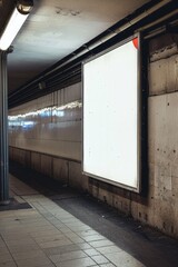 An empty subway platform with a blank billboard, suitable for advertising mock-ups