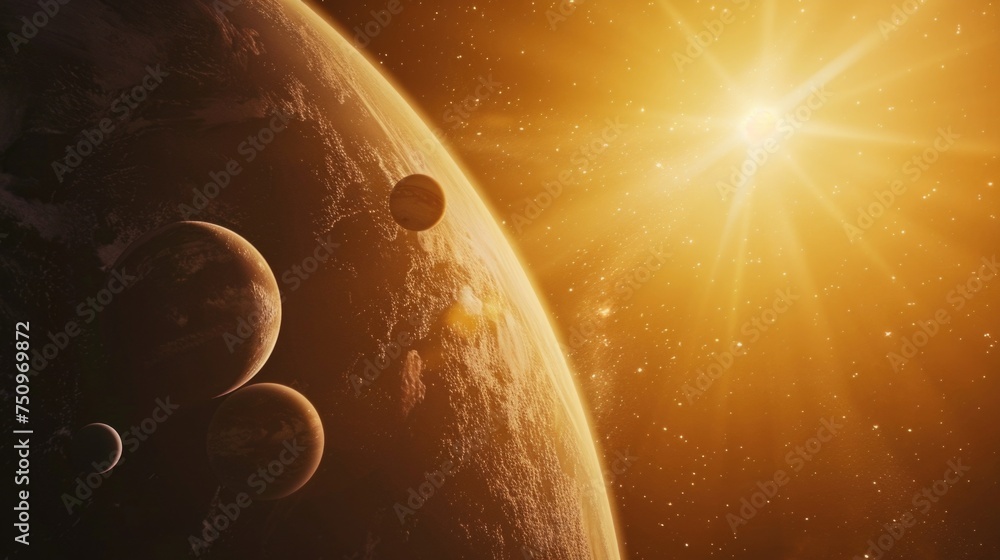 Poster earth seen from space with sun shining in the background, suitable for science and astronomy concept