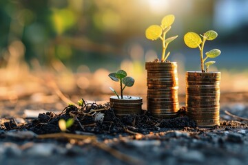 The concept of making big money with coins and seedlings. - obrazy, fototapety, plakaty