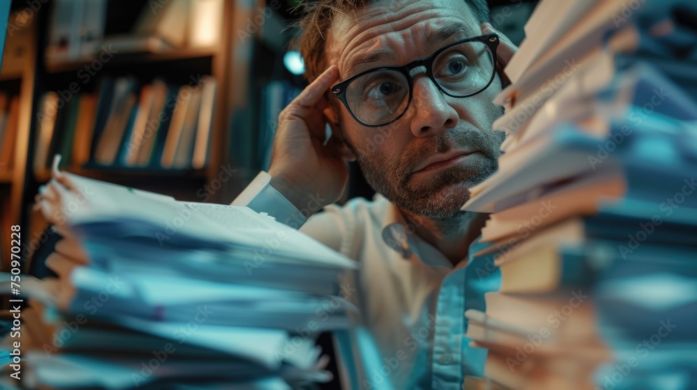 Poster a man sitting in front of a pile of papers, suitable for office or business concepts