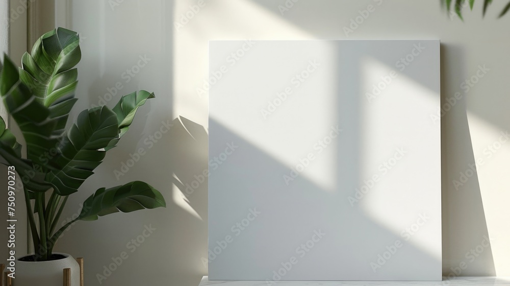 Poster a blank white poster displayed on a shelf next to a potted plant. suitable for interior design conce