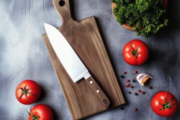 A sharp knife food concept top view with a wooden board.