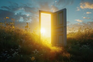 An open door on a meadow with bright light coming out of the door.