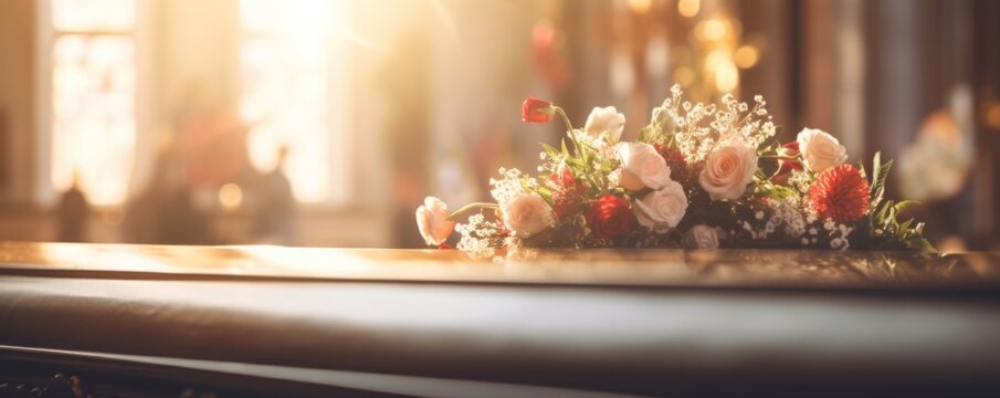 Coffin in a church at funeral with perfect light and flowers, banner. Generative Ai.