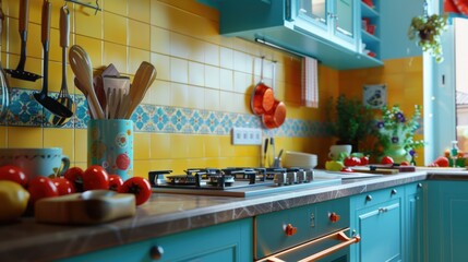 Interior of a kitchen with blue cabinets and yellow walls. Ideal for home decor and interior design concepts