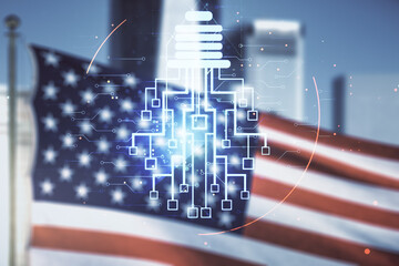 Virtual creative light bulb illustration with microcircuit on US flag and skyline background,...