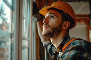 A man wearing a hard hat looking out a window. Suitable for construction or engineering concepts