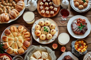 A wooden table topped with plates of food. Ideal for food bloggers or restaurant promotions