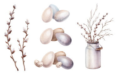 Set of painted eggs and willow branches in metal can for milk. Symbols of Easter celebration. Watercolor hand drawn painting illustration isolated on background. Minimalistic light pastel colors.