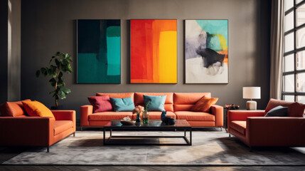 A sophisticated living room with a textured wall finish in bold colors