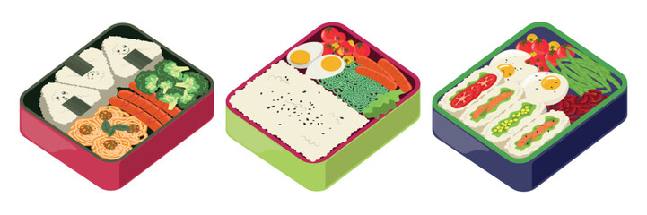 Set of delicious lunch boxes in cartoon style. Vector illustration of lunch boxes with healthy food: rice onigiri, sausages, broccoli, eggs, tomatoes, sushi burger, noodles, asparagus, beans.