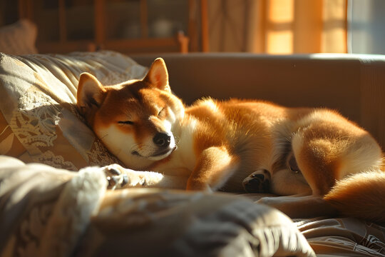 A happy and cute shiba inu dog lying on a couch and sleeps while sun is shining 