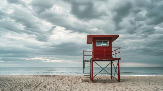 Lifeguard tower on the beach with cloudy sky background, suitable for travel and safety concepts