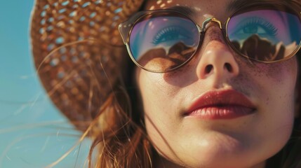 A close up of a woman wearing a stylish hat and sunglasses. Perfect for fashion or summer concepts