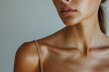 Close up of a woman wearing a tan top, suitable for fashion or lifestyle concepts - obrazy, fototapety, plakaty