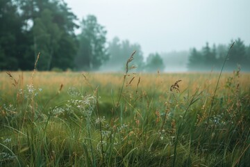 A serene field with tall grass and misty fog in the background. Suitable for nature and landscape themes