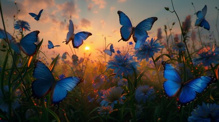 Obraz premium An enchanting scene of blue butterflies in various shades and sizes fluttering around a wildflower meadow at sunrise.