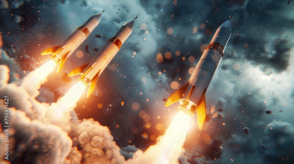 Poster rockets flying through the air, suitable for science or technology concepts