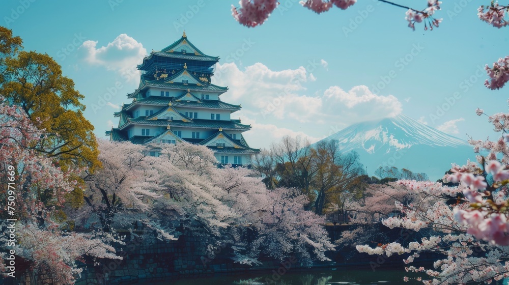 Poster A large building surrounded by trees with a mountain in the background. Suitable for real estate or nature concepts