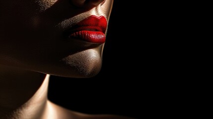 Close up of a woman's face with bold red lipstick, perfect for beauty or fashion content