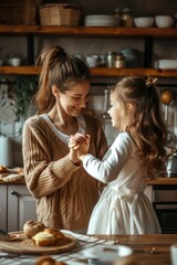 A woman and a little girl standing in a kitchen. Suitable for family and cooking concepts