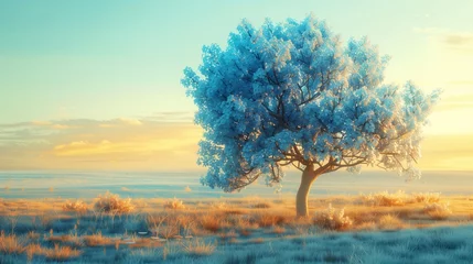 Deurstickers An ethereal view of a lone tree in a vibrant, open field, with its leaves in varying shades of blue, reflecting the diversity of the autism spectrum. © SardarMuhammad