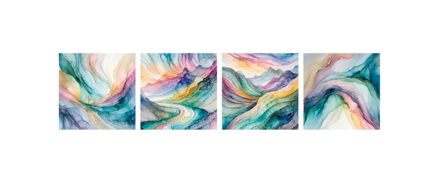 Set of cards with fluid art painting in alcohol ink technique, trendy colors, for backgrounds, posters, flyer.