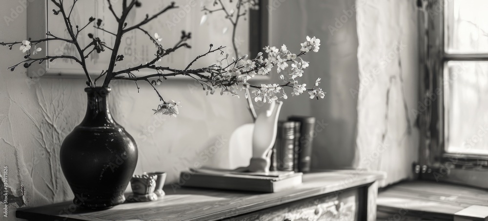 Poster a simple black and white photo of a vase with flowers. suitable for various design projects
