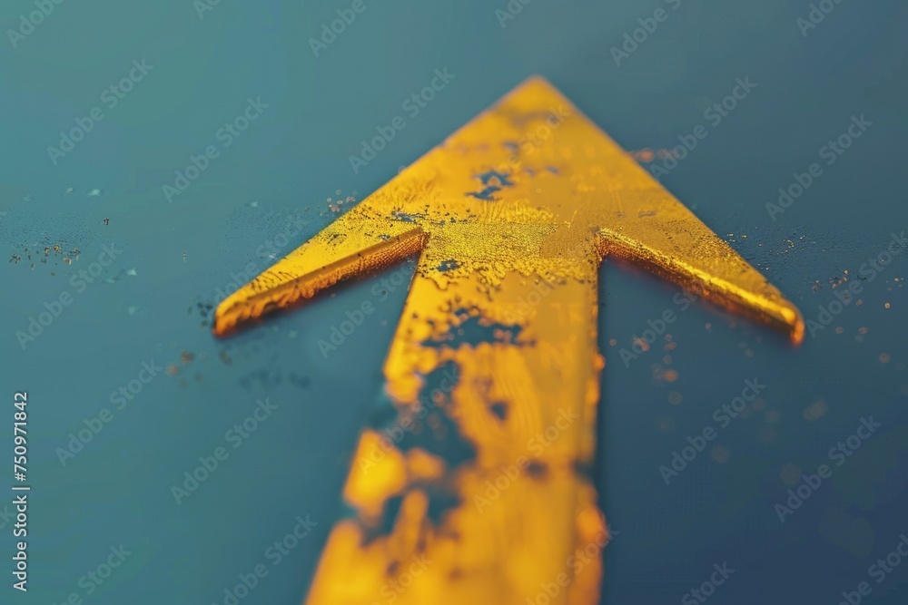 Poster Detailed view of a yellow arrow on a blue background, suitable for directional concepts