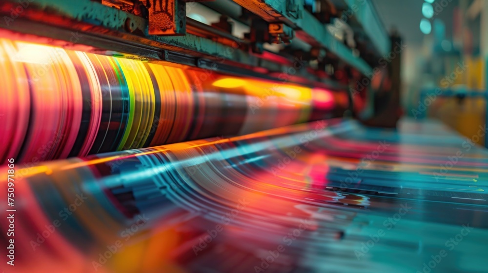Poster Close up of a machine printing colored paper. Suitable for design and technology concepts