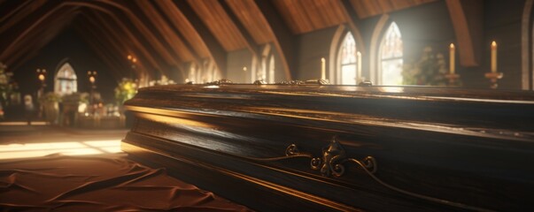 Coffin in the middle of a church at funeral with perfect light, banner. Generative Ai.