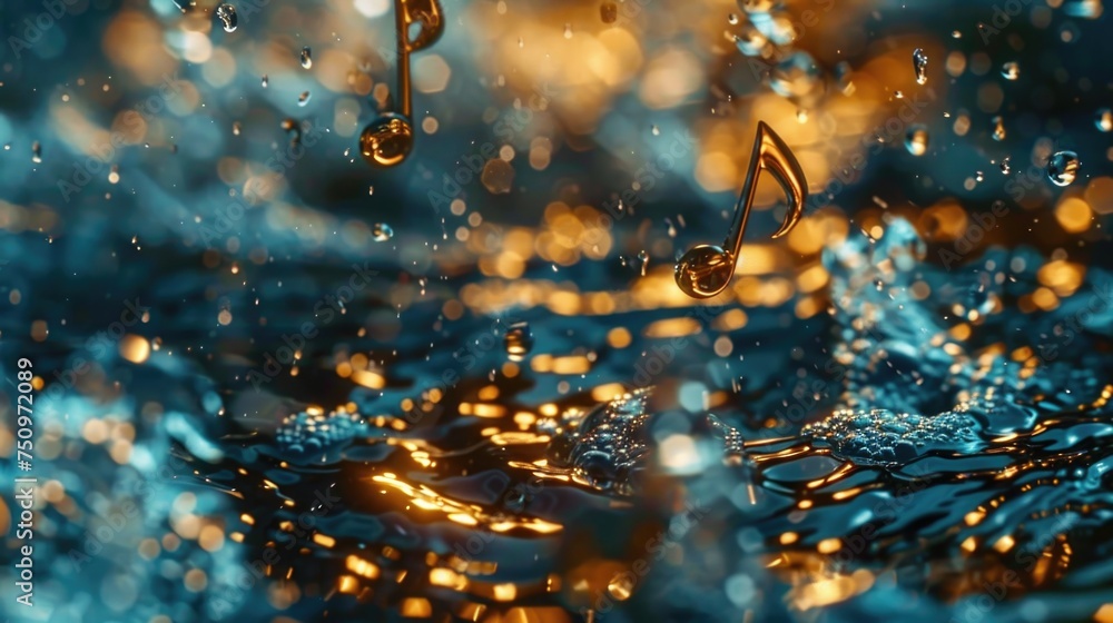 Poster Close up view of water surface with floating musical notes. Suitable for music and relaxation concepts