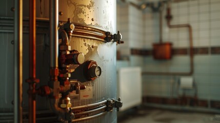 A close up of a water heater in a room. Suitable for home improvement projects