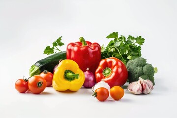 A colorful assortment of peppers, tomatoes, cucumbers, and garlic. Ideal for food and nutrition concepts