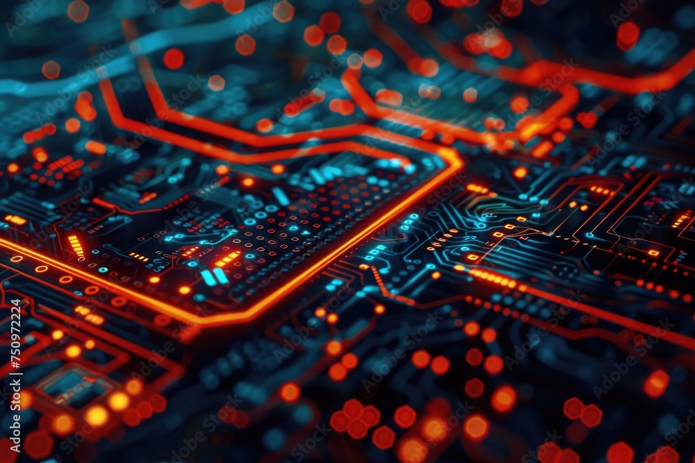 Poster Detailed view of an electronic circuit board. Suitable for technology and engineering concepts