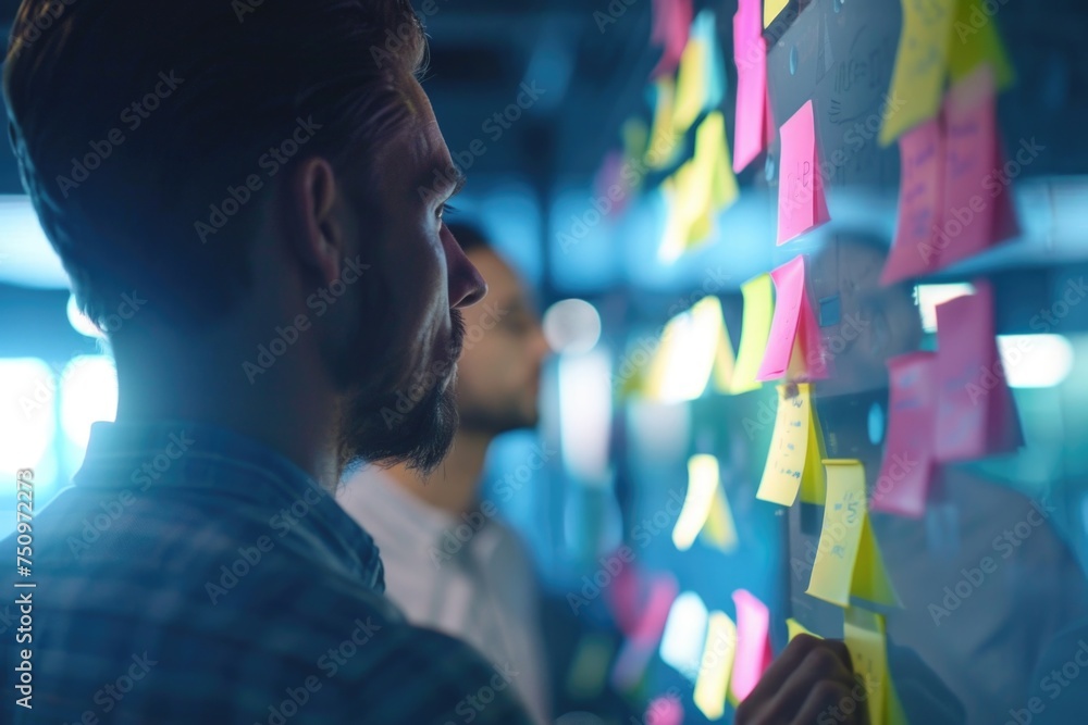 Aufkleber a man standing in front of a wall covered in post-it notes. perfect for business or organization con