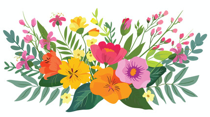 Bouquet of different flowers and leaves cartoon illu