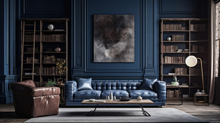 A sophisticated living room with a textured wall finish in deep blues - obrazy, fototapety, plakaty