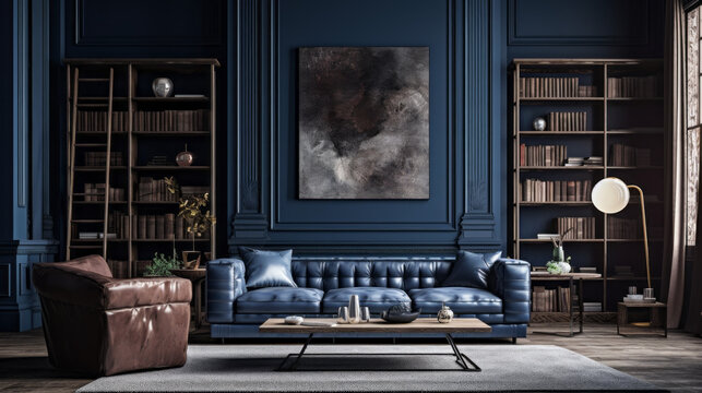 A sophisticated living room with a textured wall finish in deep blues