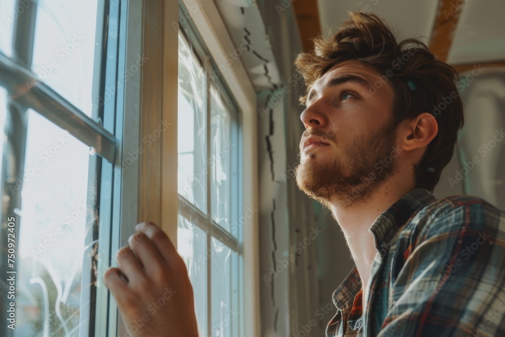 Aufkleber a man looking out of a window with his hand on the window sill. suitable for various concepts
