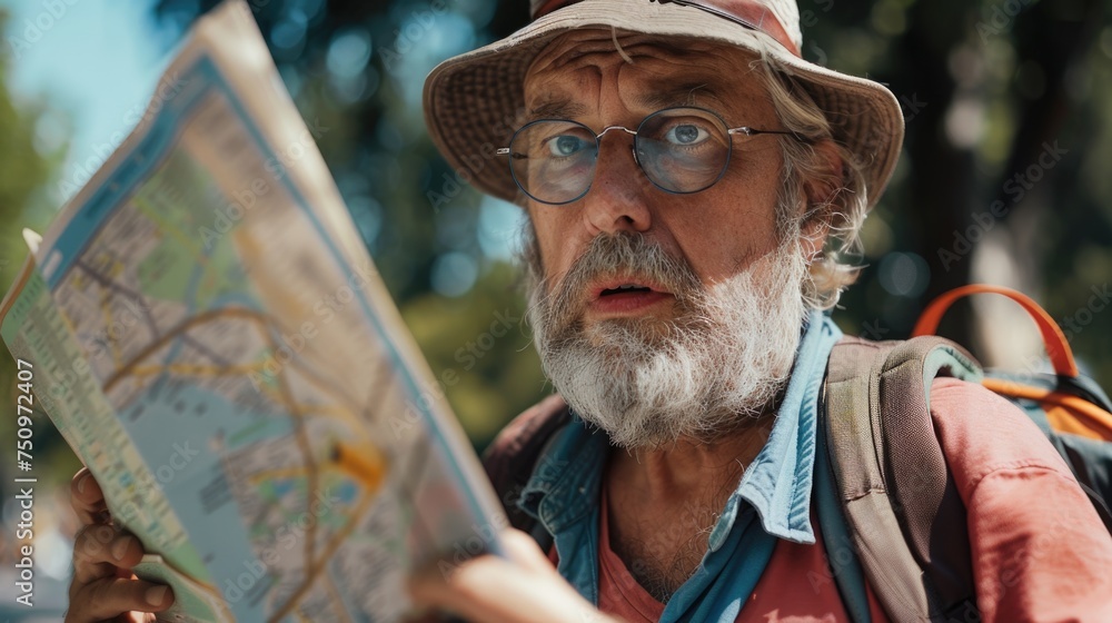 Poster a man wearing a hat and glasses studying a map. suitable for travel and exploration concepts