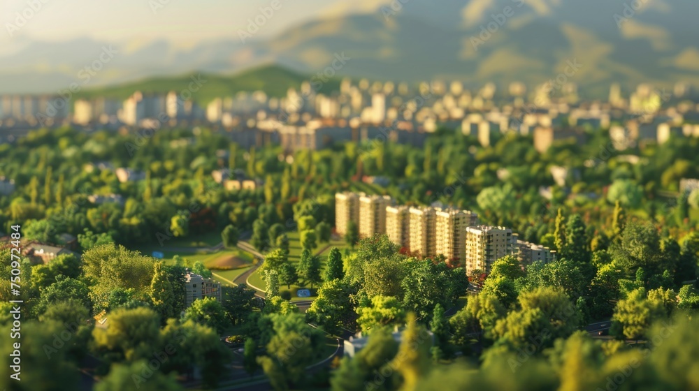 Poster a city skyline surrounded by abundant trees. ideal for urban and environmental concepts