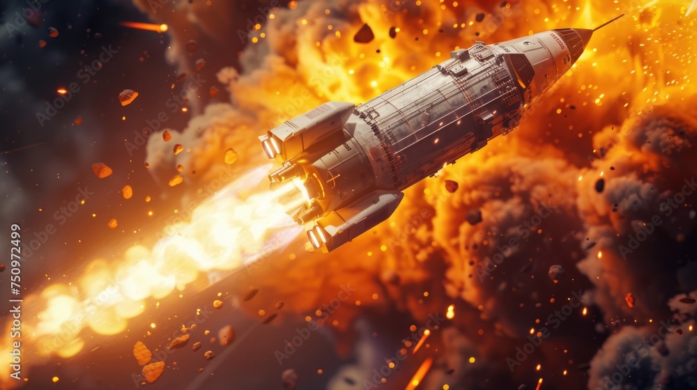 Poster a spaceship flying through the air with billowing smoke, suitable for sci-fi and technology concepts
