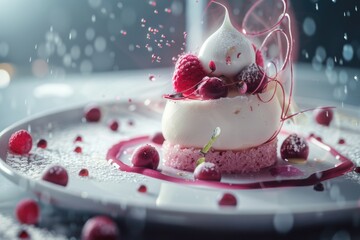 Delicious dessert with raspberries and whipped cream, perfect for food blogs or restaurant menus