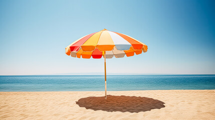 A tranquil beach scene with a colorful sun umbrella casting shade on the golden sands, inviting relaxation and enjoyment on a sunny day by the sea.
