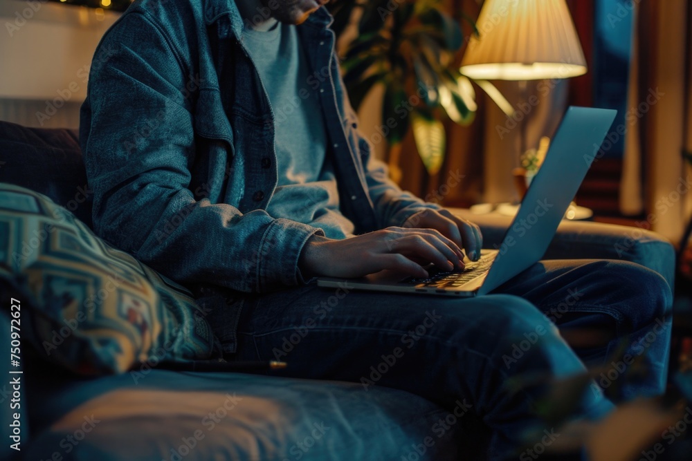 Poster A man sitting on a couch while using a laptop. Suitable for technology and remote work concepts