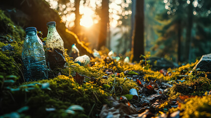 A distressing sight of garbage littering the serene forest floor, underscoring the urgent need for nature conservation and responsible waste management. - obrazy, fototapety, plakaty