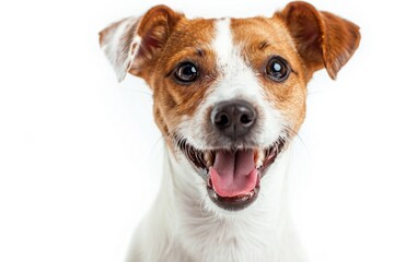 A lively brown and white dog with its mouth open. Perfect for pet-related designs